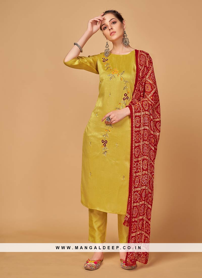 Mustard Color Silk Embroidered Readymade Suit