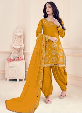 Mustard Color Silk Mirror Work Punjabi Suit