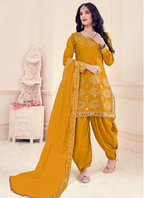 Mustard Color Silk Mirror Work Punjabi Suit