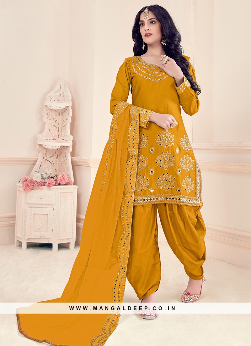 Mustard Color Silk Mirror Work Punjabi Suit