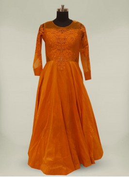 Mustard Color Silk Thread Work Long Gown