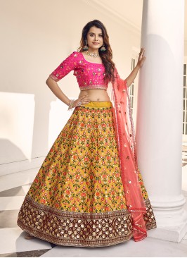 Mustard Color Silk Thread Work Wedding Lehenga