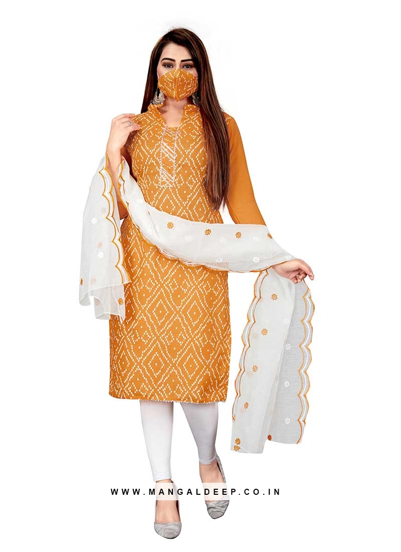 Mustard Color Slub Cotton Bandhni Print Suit