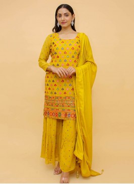 Mustard Color Thread Work Readymade Suit