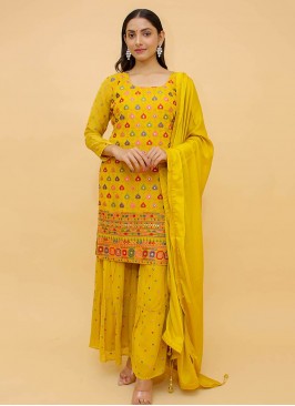 Mustard Color Thread Work Readymade Suit