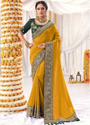 Mustard Color Vichitra Silk Party Wear Saree