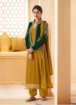 Mustard Embroidered Ceremonial Jacket Style Suit