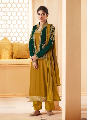 Mustard Embroidered Ceremonial Jacket Style Suit