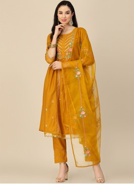 Mustard Embroidered Chinon Straight Kurta with Trouser & Dupatta