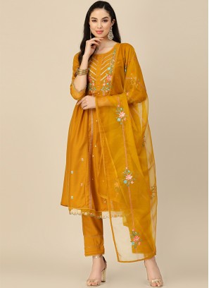 Mustard Embroidered Chinon Straight Kurta with Trouser & Dupatta