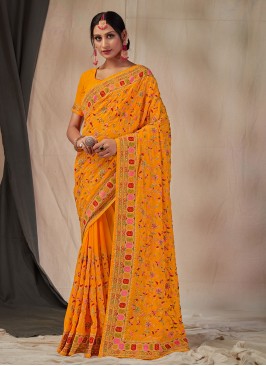 Mustard Embroidered Georgette Classic Saree