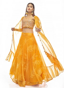 Mustard Printed Organza Trendy Lehenga Choli