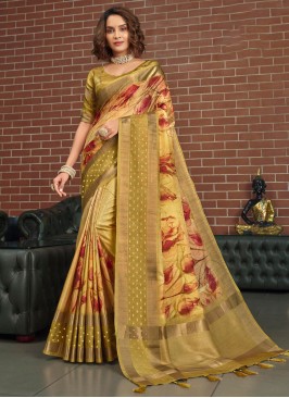 Mustard Silk Floral Print Designer Saree