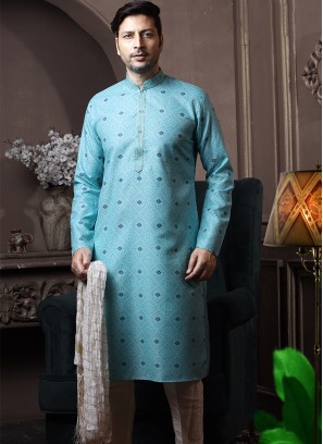 Light Feroze Silk Kurta Pajama with Off White ArtSilk Trouser.