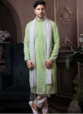 Pista Silk Kurta Pajama with Off-White ArtSilk Tro