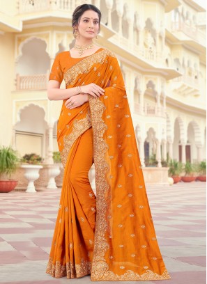 Mustard Vichitra Silk Patch Border Designer Traditional Saree