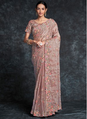 Mystic Organza Embroidered Rose Pink Designer Saree