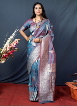 Mystic Weaving Blue Banarasi Silk Contemporary Style Saree