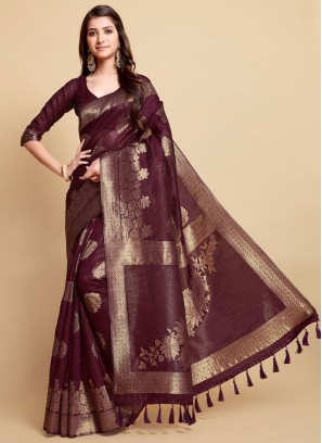 Mystic Woven Wine Linen Classic Saree