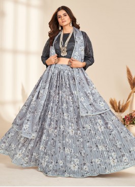 Mystical Digital Print Grey Readymade Lehenga Chol