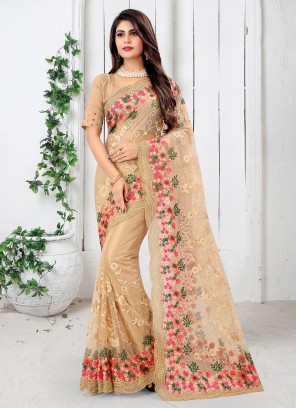 Mystical Embroidered Beige Designer Saree