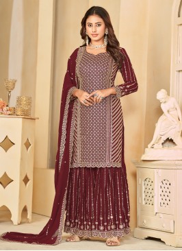 Mystical Faux Georgette Maroon Embroidered Trendy Salwar Kameez