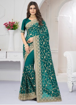 Mystical Georgette Embroidered Rama Contemporary Saree