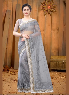 Mystical Grey Net Trendy Saree