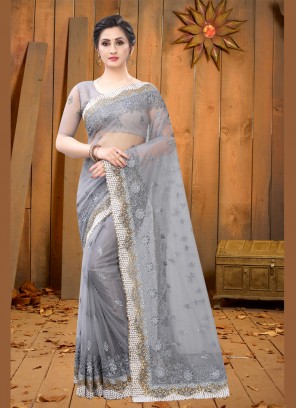 Mystical Grey Net Trendy Saree