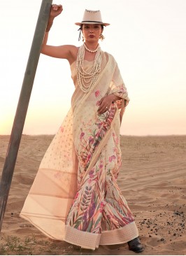 Mystical Linen Woven Cream Traditional Saree