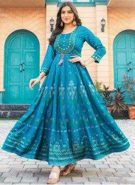 Mystical Print Rayon Aqua Blue Readymade Gown