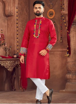 Navratri Elegance: Men's Red Cotton Kurta Pajama with Embroidery