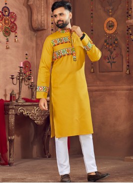 Navratri Elegance: Men's Mastard Cotton Kurta Paja