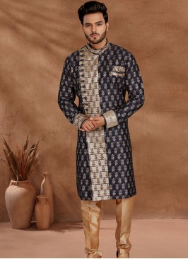 Navy Blue and Chikoo Set with Jaqard Top and Art Silk Trousers Semi Sherwani.