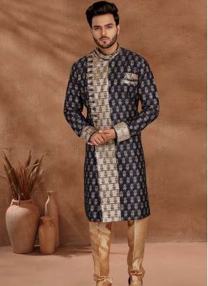 Navy Blue and Chikoo Set with Jaqard Top and Art Silk Trousers Semi Sherwani.