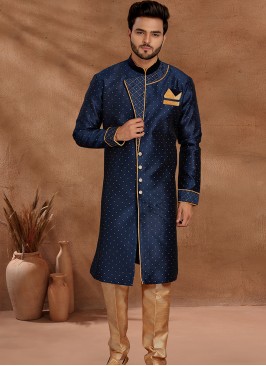 Navy Blue and Chikoo Set with Jaqard Top and Art Silk Trousers Semi Sherwani.