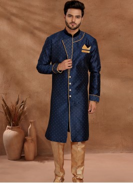 Navy Blue and Chikoo Set with Jaqard Top and Art Silk Trousers Semi Sherwani.