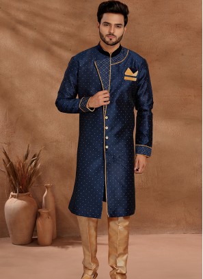 Navy Blue and Chikoo Set with Jaqard Top and Art Silk Trousers Semi Sherwani.