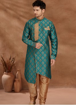Rama Green and Chikoo Set with Jaqard Top and Art Silk Trousers Semi Sherwani.