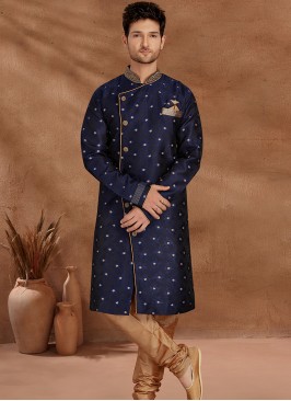 Navy Blue and Chikoo Set with Jaqard Top and Art Silk Trousers Semi Sherwani.