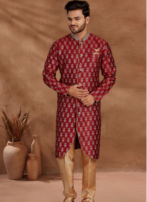 Marron and Chikoo Set with Jaqard Top and Art Silk Trousers Semi Sherwani.