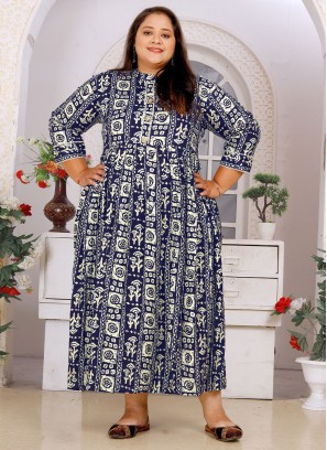 Navy Blue and Off White Casual Rayon Casual Kurti