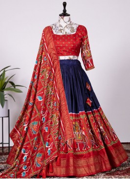 Navy Blue and Red Foil Print Festival Trendy Lehenga Choli