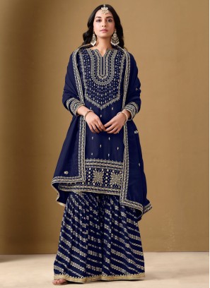 Navy Blue Art Silk Mehndi Designer Salwar Kameez