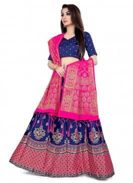 Navy Blue Banarasi Silk Jacquard Work Trendy Lehenga Choli