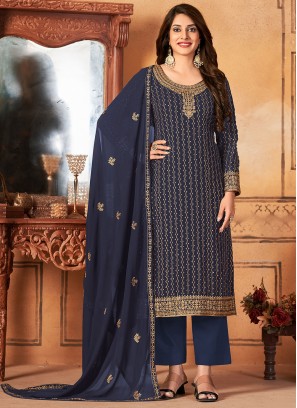 Navy Blue Ceremonial Faux Georgette Trendy Salwar Kameez