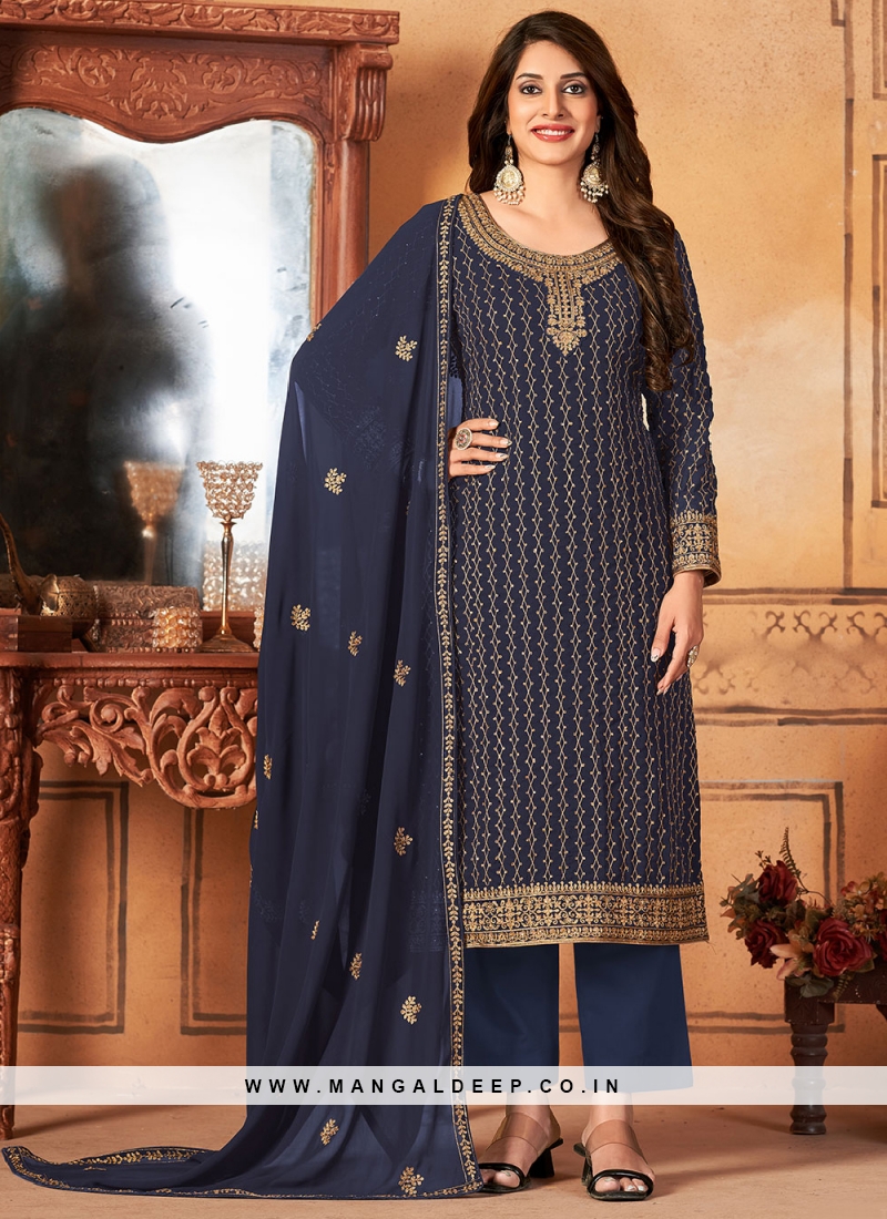 Royal Blue Color Designer Fancy Net Fabric Salwar Suit In Net Fabric With  Embroidery As Semi Stitched - shreematee - 4073356