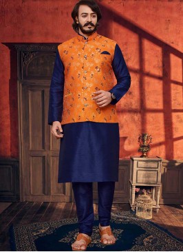 Navy Blue Color Art Silk Kurta With Jacket
