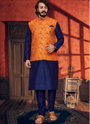 Navy Blue Color Art Silk Kurta With Jacket