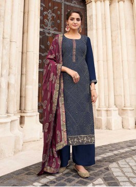 Navy Blue Color Chinnon Palazzo Suit